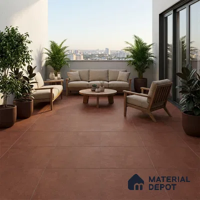 Scandinavian balcony with terracotta floor tiles and natural wood outdoor furniture