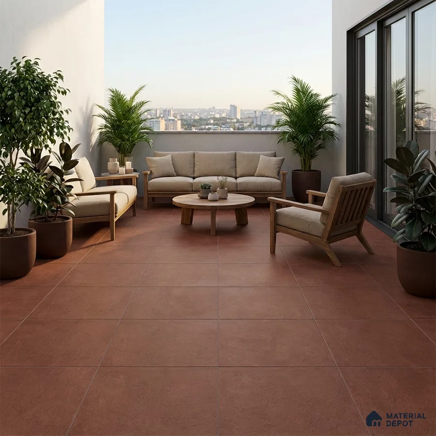 Scandinavian balcony with terracotta floor tiles and natural wood outdoor furniture