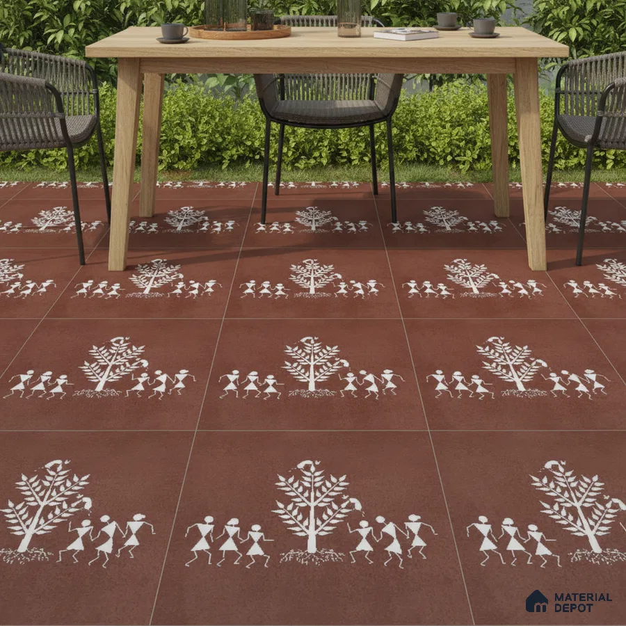 Traditional outdoor space with terracotta Warli art patterned floor tiles