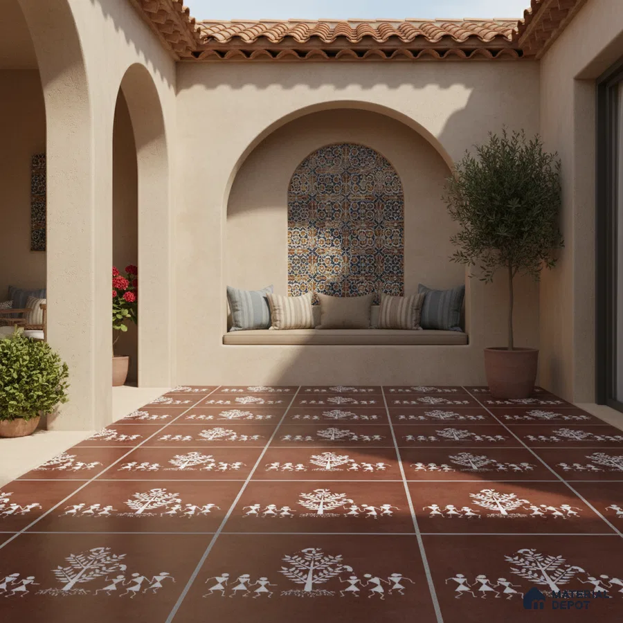 Mediterranean outdoor courtyard with terracotta Warli art floor tiles and patterned ceramic wall tiles