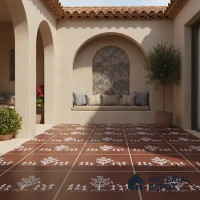 Mediterranean outdoor courtyard with terracotta Warli art floor tiles and patterned ceramic wall tiles