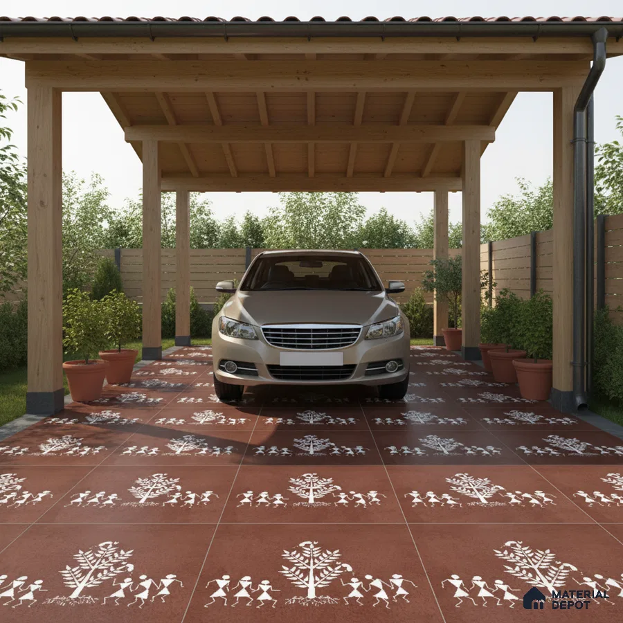Traditional parking with terracotta patterned tiles and wooden pergola roof