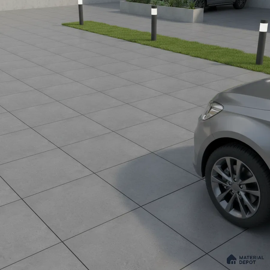 Modern parking area with large format grey matte floor tiles