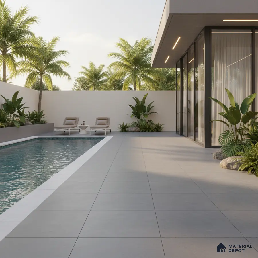 Modern outdoor poolside with large format grey porcelain tiles and minimalist landscaping