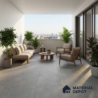 Minimalist balcony with grey stone floor tiles and natural wood outdoor furniture