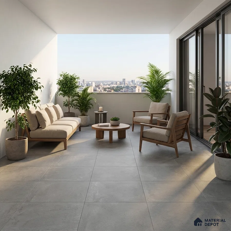 Minimalist balcony with grey stone floor tiles and natural wood outdoor furniture