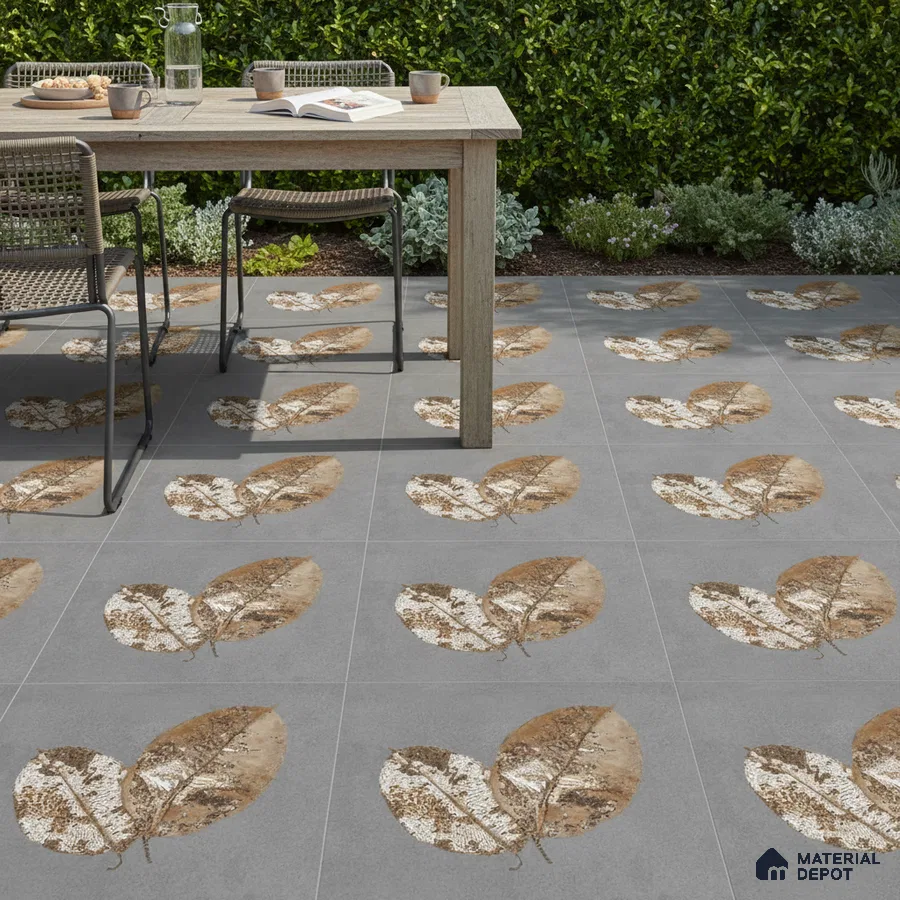Modern outdoor space with grey floor tiles featuring brown and white leaf pattern