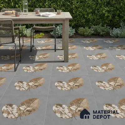 Modern outdoor space with grey floor tiles featuring brown and white leaf pattern