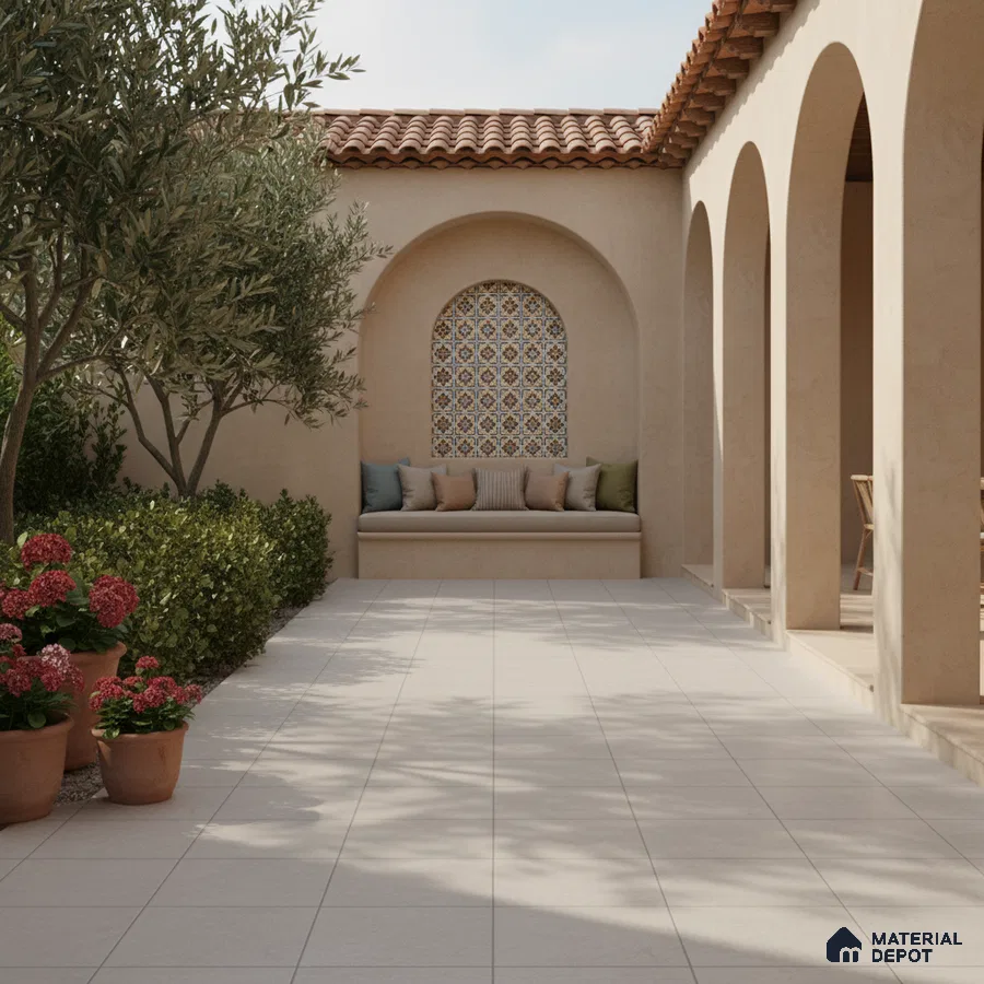 Mediterranean outdoor patio with terracotta roof, patterned mosaic wall tile, and beige floor tiles