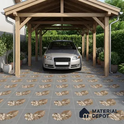Modern parking with grey leaf-patterned floor tiles and wooden carport structure