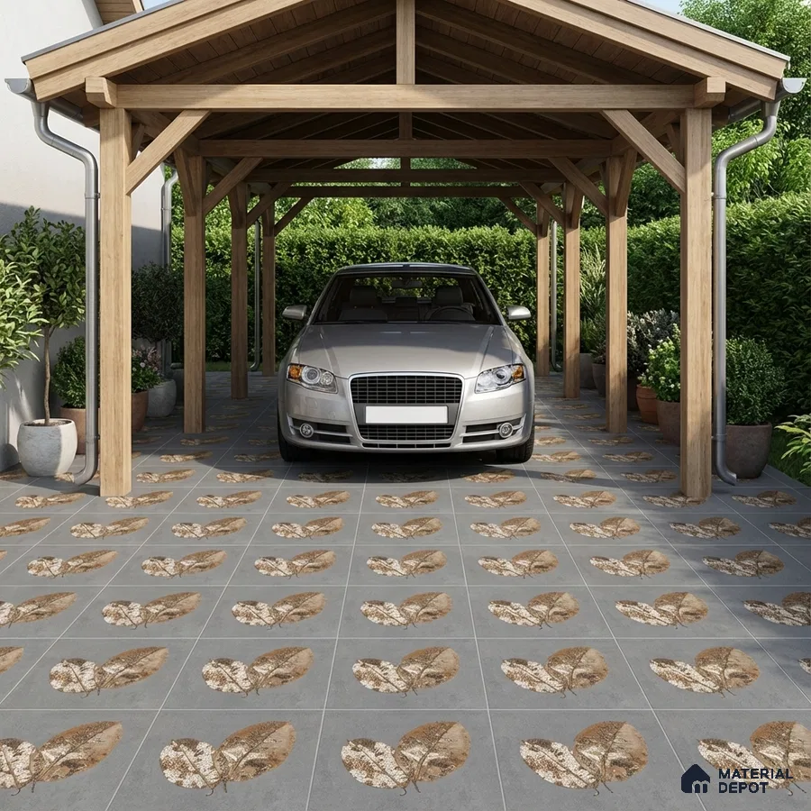 Modern parking with grey leaf-patterned floor tiles and wooden carport structure