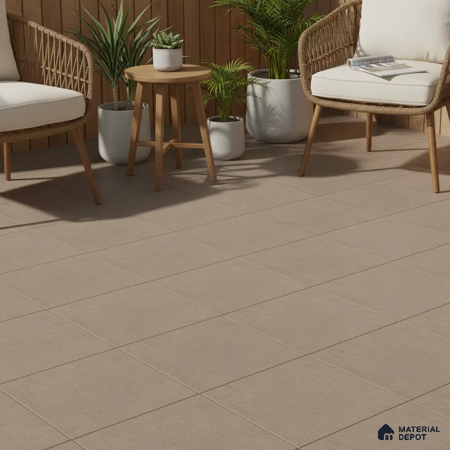Scandinavian balcony with beige matte floor tiles and natural wood accents