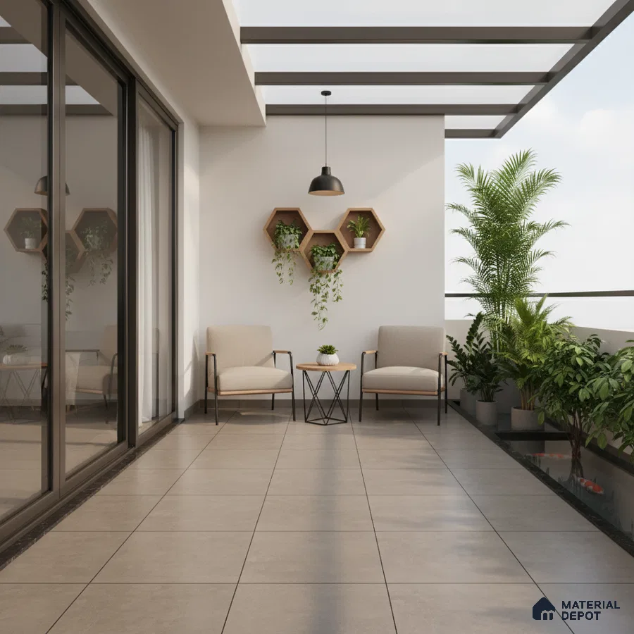 Minimalist balcony with beige matte floor tiles and wooden hexagonal wall planters