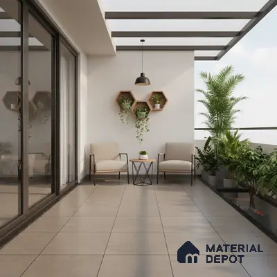Minimalist balcony with beige matte floor tiles and wooden hexagonal wall planters