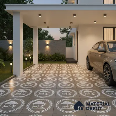 Modern parking with grey patterned outdoor tiles and minimal wall cladding