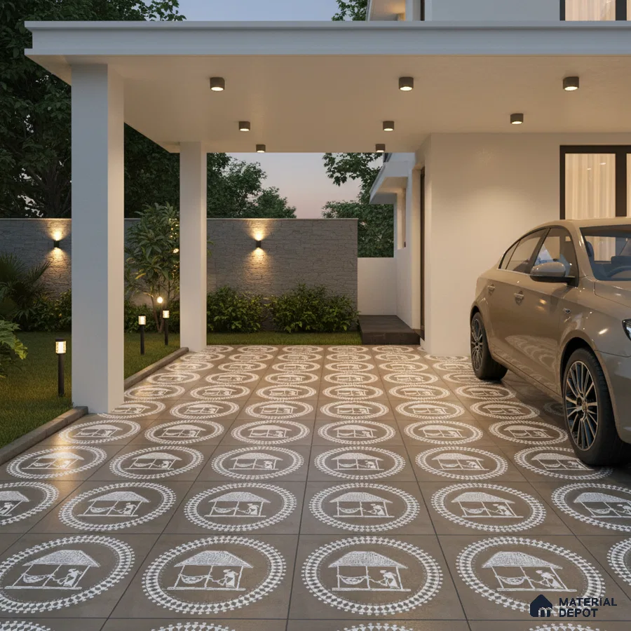 Modern parking with grey patterned outdoor tiles and minimal wall cladding