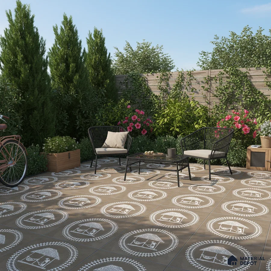 Modern outdoor patio with brown patterned floor tiles and black metal furniture