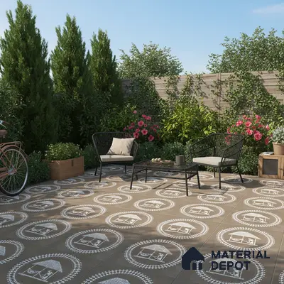Modern outdoor patio with brown patterned floor tiles and black metal furniture