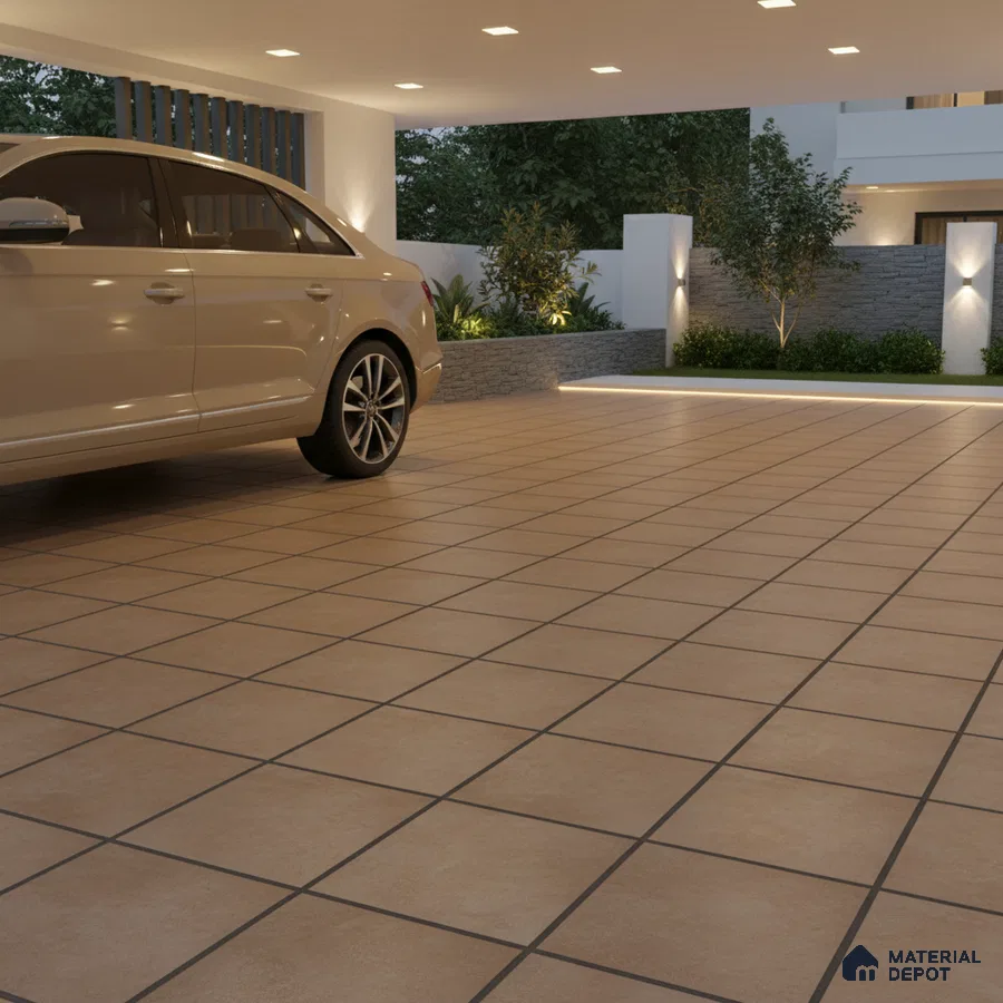 Modern parking with beige anti-skid floor tiles and outdoor stone cladding