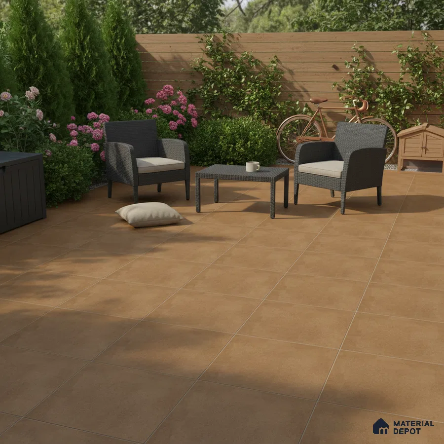 Modern outdoor patio with terracotta floor tiles and wooden privacy fence
