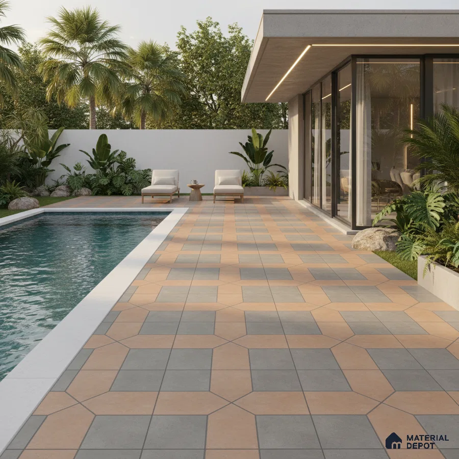 Modern outdoor poolside with terracotta and grey geometric floor tiles