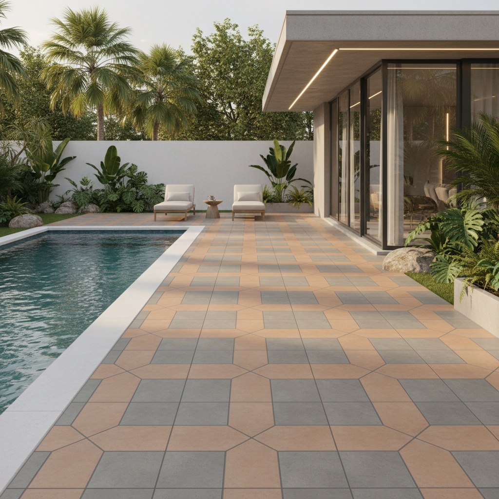 Modern outdoor poolside with terracotta and grey geometric floor tiles