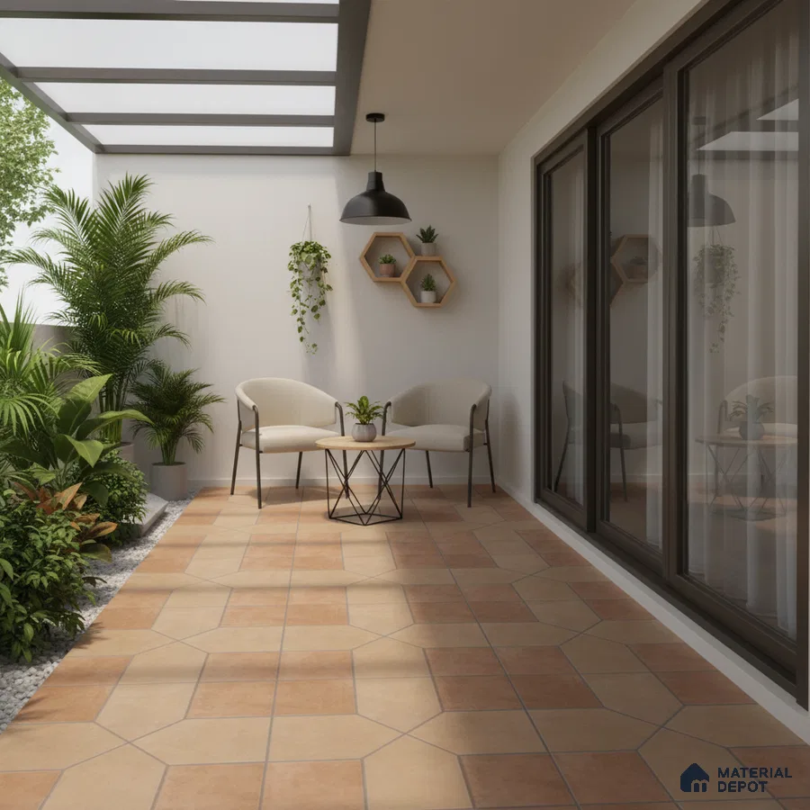 Modern balcony with terracotta geometric floor tiles and minimalist outdoor seating
