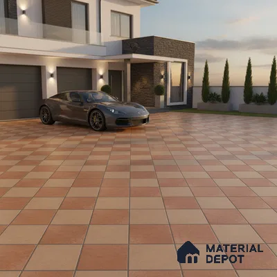 Modern parking with terracotta and beige checkerboard outdoor floor tiles