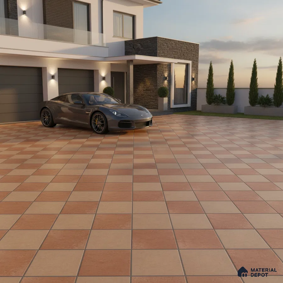 Modern parking with terracotta and beige checkerboard outdoor floor tiles