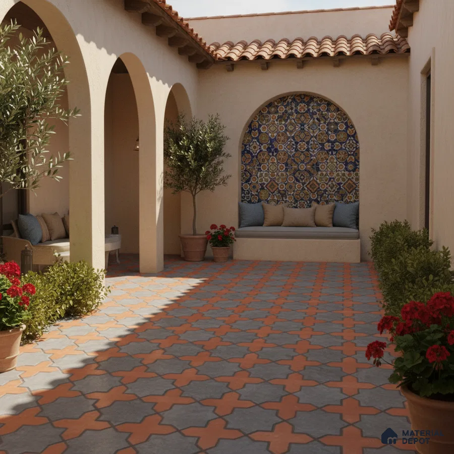 Mediterranean outdoor courtyard with terracotta and grey patterned floor tiles and blue moroccan accent wall tile