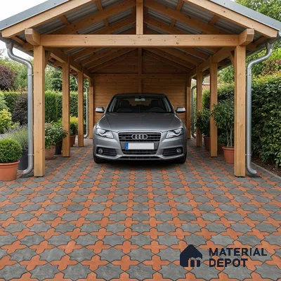 Modern parking with terracotta and grey interlocking floor tiles and wooden structure