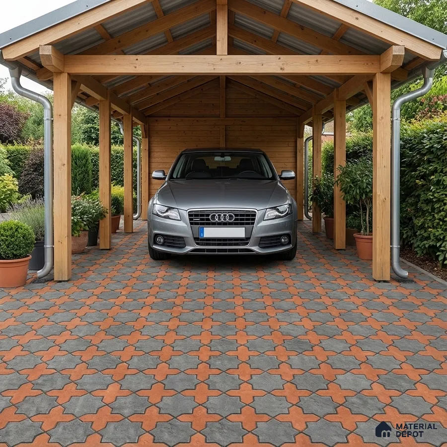 Modern parking with terracotta and grey interlocking floor tiles and wooden structure