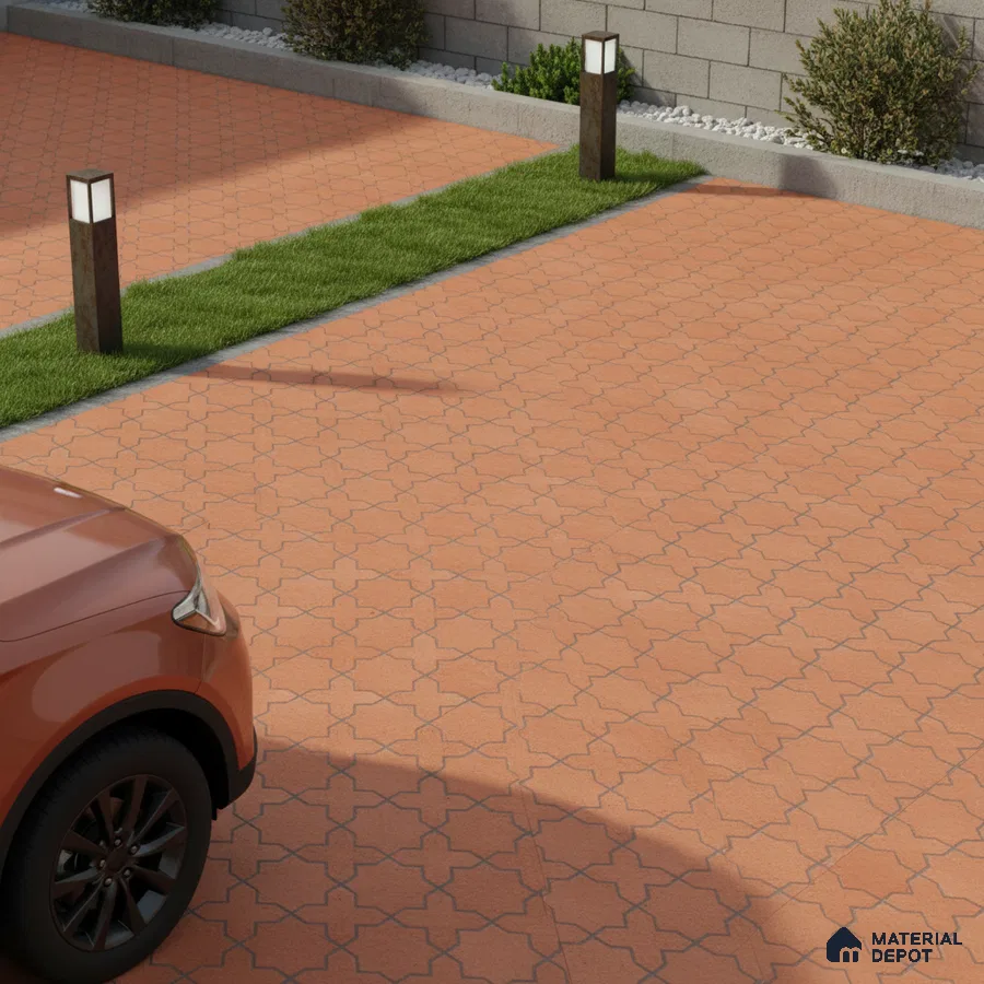 Modern parking with terracotta patterned outdoor floor tiles