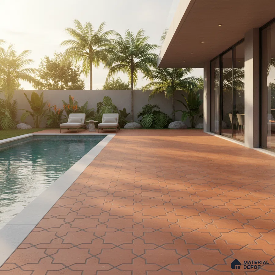 Modern outdoor poolside with terracotta patterned floor tiles and tropical landscaping