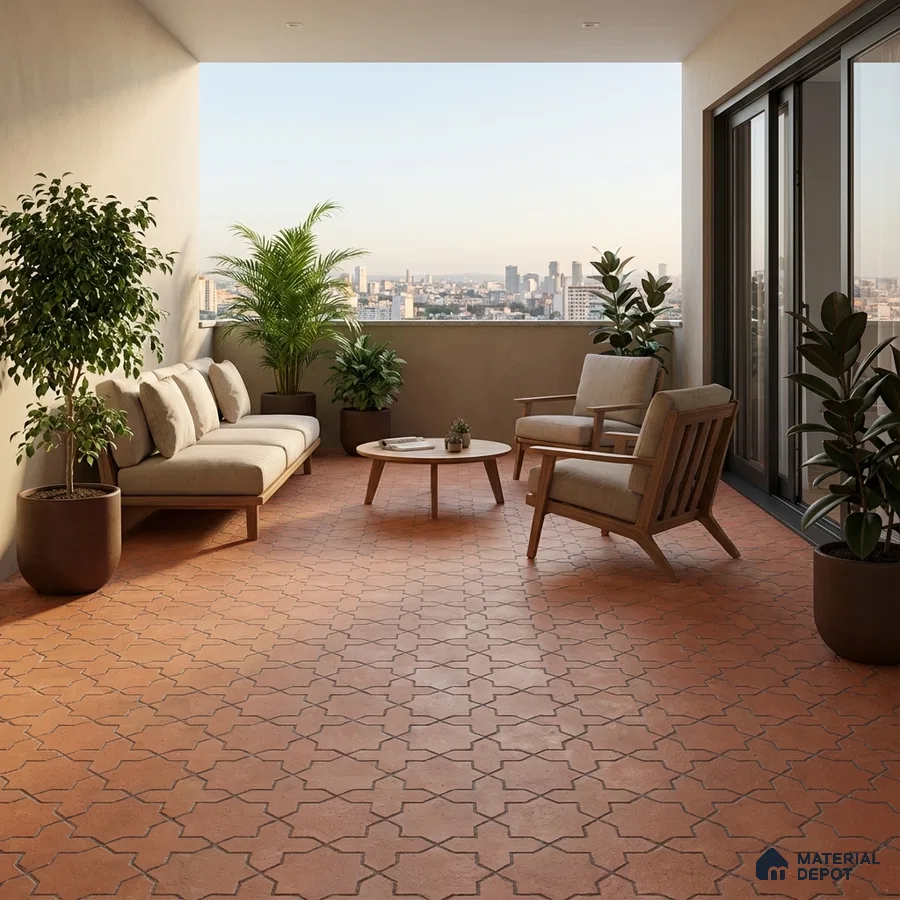 Mediterranean balcony with terracotta moroccan floor tiles and wooden outdoor furniture
