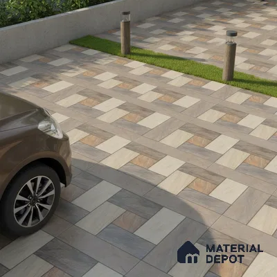 Modern parking area with geometric patterned outdoor floor tiles in beige and grey