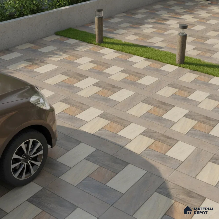 Modern parking area with geometric patterned outdoor floor tiles in beige and grey