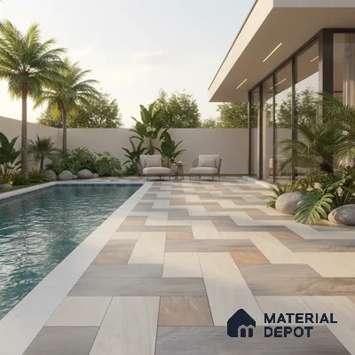 Modern outdoor poolside with multitone stone-look floor tiles and tropical landscaping