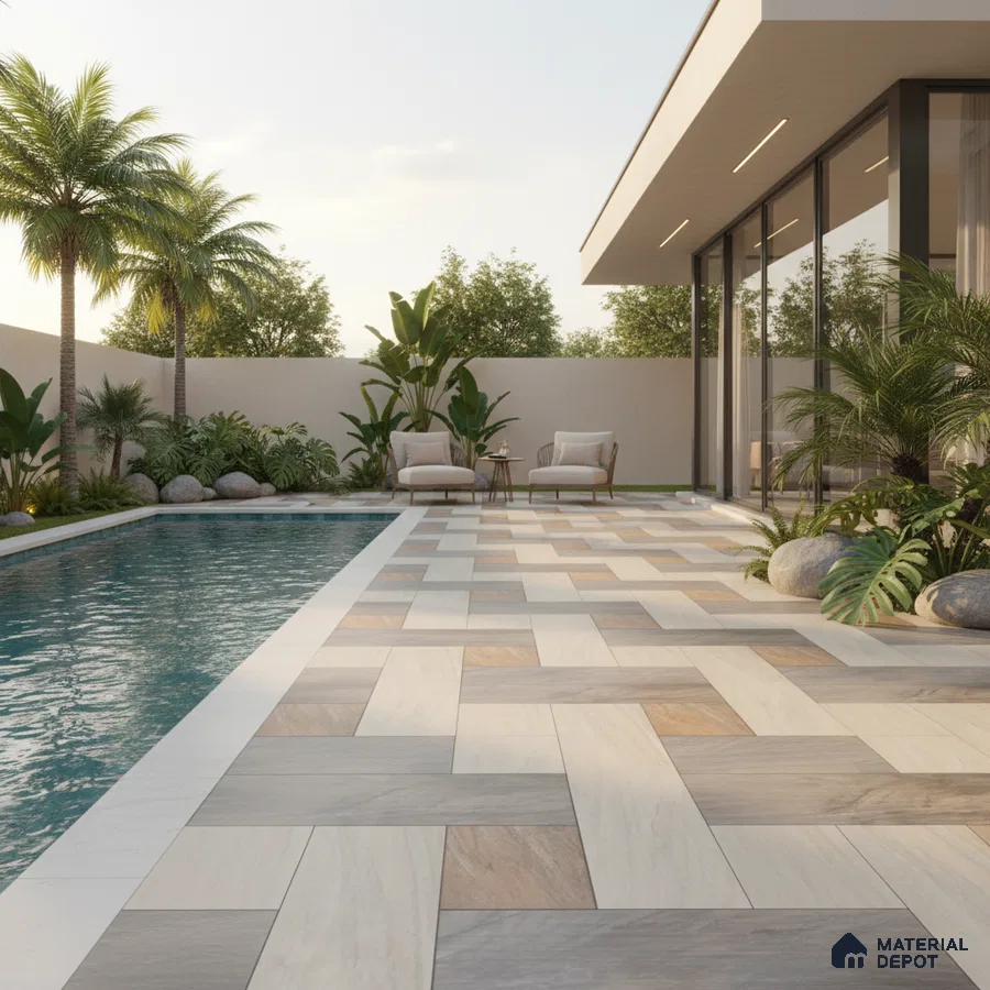 Modern outdoor poolside with multitone stone-look floor tiles and tropical landscaping