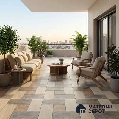 Modern outdoor balcony with wood-look ceramic floor tiles and natural wood furniture