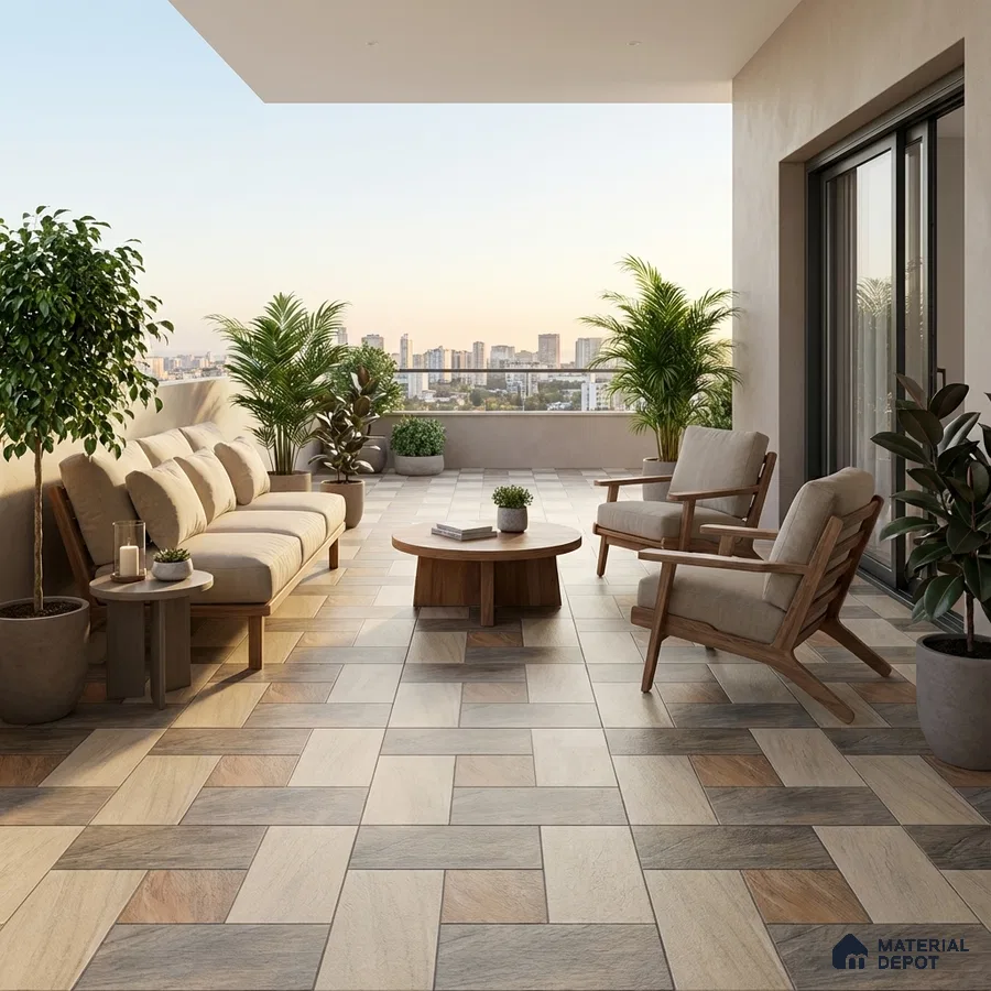 Modern outdoor balcony with wood-look ceramic floor tiles and natural wood furniture