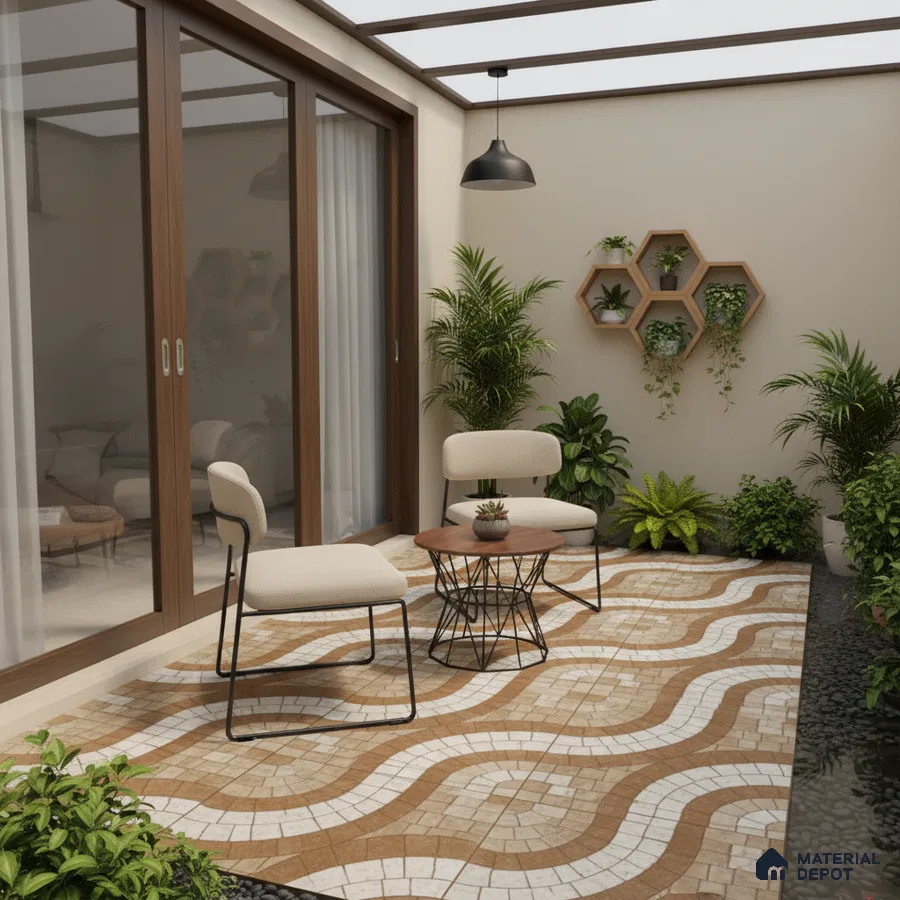 Modern balcony with wavy patterned beige and white floor tiles and wooden accents
