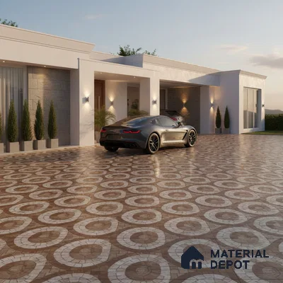 Modern parking with geometric patterned outdoor floor tiles and white exterior walls