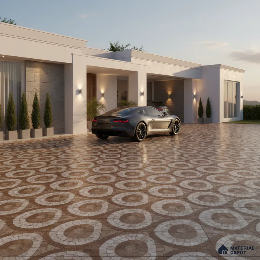 Modern parking with geometric patterned outdoor floor tiles and white exterior walls