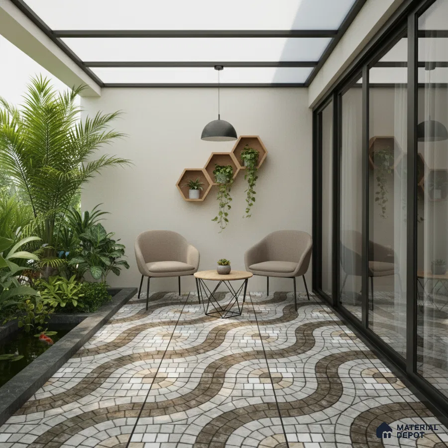 Modern outdoor seating with geometric patterned floor tiles and hexagonal wood wall shelves