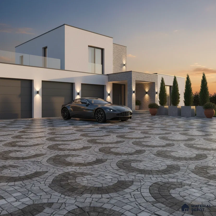 Modern parking with geometric stone paver tiles and minimalist facade