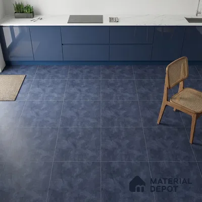 Modern kitchen with blue high gloss laminate cabinets, white marble countertop, and matte blue floor tiles