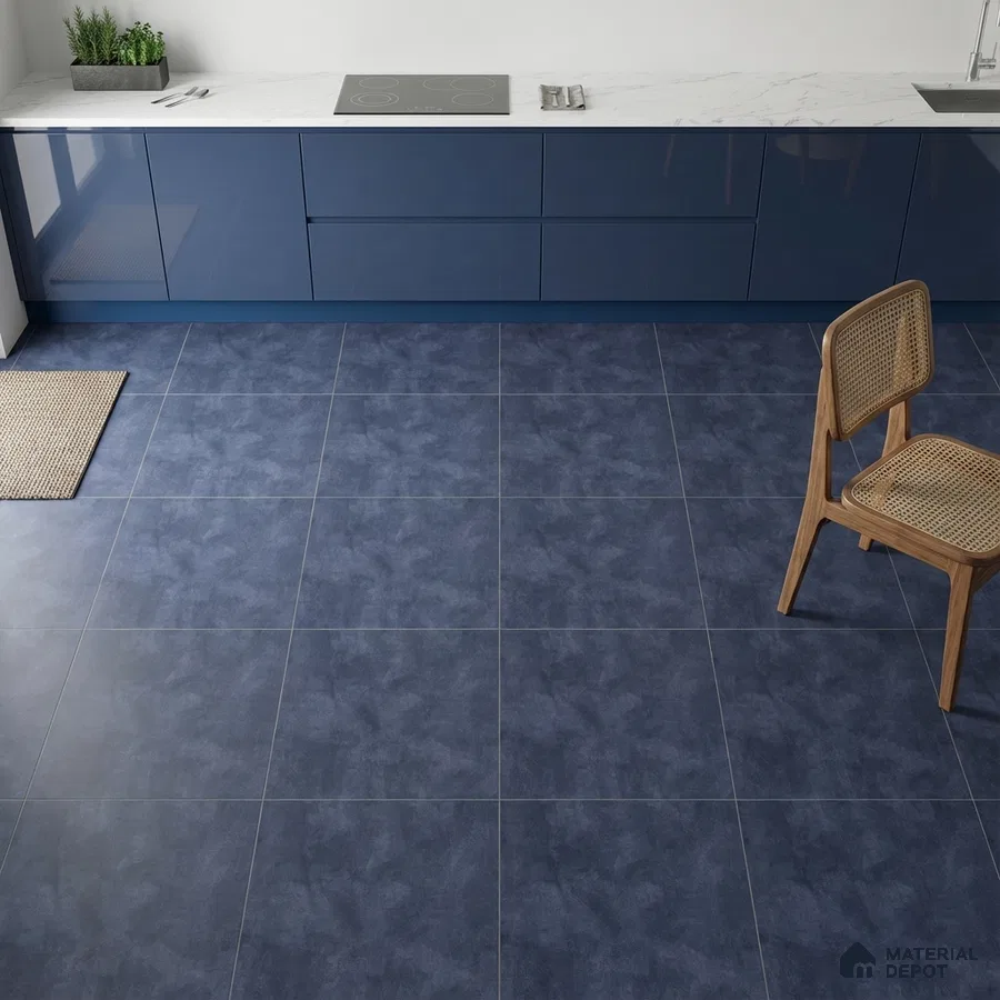 Modern kitchen with blue high gloss laminate cabinets, white marble countertop, and matte blue floor tiles