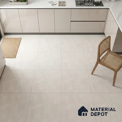 Modern kitchen with glossy beige laminate cabinets, white marble-look quartz countertop, and large format light beige floor tiles