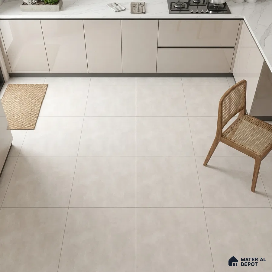 Modern kitchen with glossy beige laminate cabinets, white marble-look quartz countertop, and large format light beige floor tiles